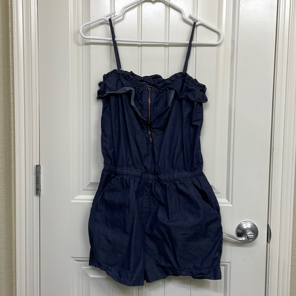 JCrew spaghetti strap ruffle top  denim short‎ romper.